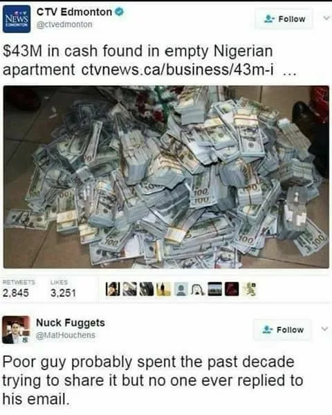 A screenshot of a tweet from CTV Edmonton shows a photo of a large pile of US $100 bills on a floor, with the headline '$43M…