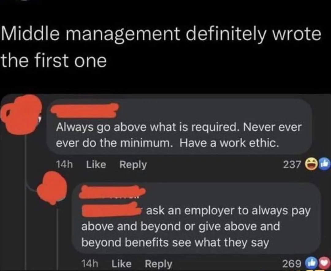 The image shows two Facebook comment threads with redacted user names. The first comment advises 'Always go above what is…