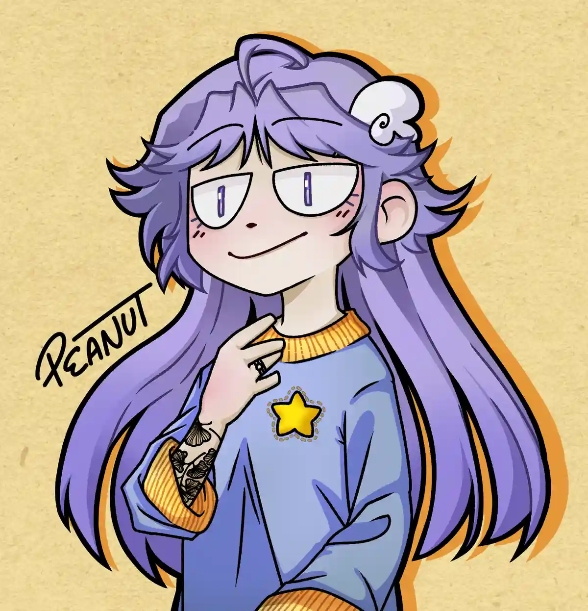 A cartoon character with long purple hair, glasses, and a blue sweater with a yellow star, smiling while touching their…