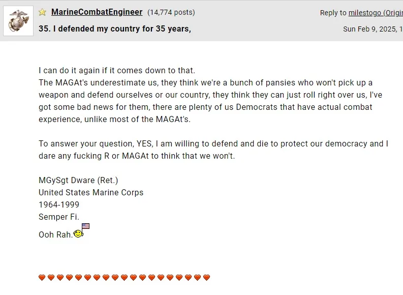 A screenshot of a Reddit comment by user 'MarineCombatEngineer' from a thread titled '35. I defended my country for 35…