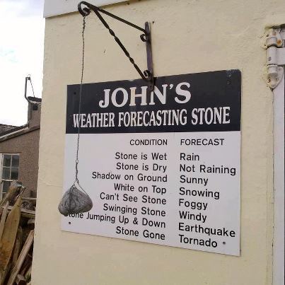 A black-and-white sign titled 'JOHN'S WEATHER FORECASTING STONE' lists weather predictions based on the physical state of a…