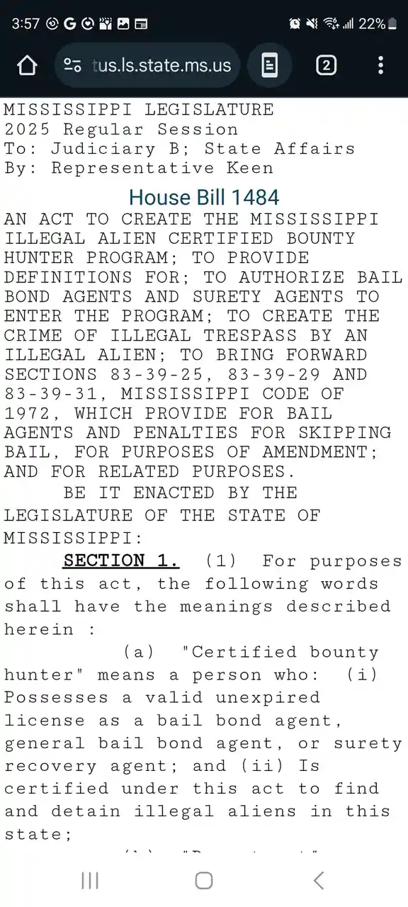 The image displays a screenshot of a Mississippi state legislative bill titled 'House Bill 1484' from the 2025 Regular…