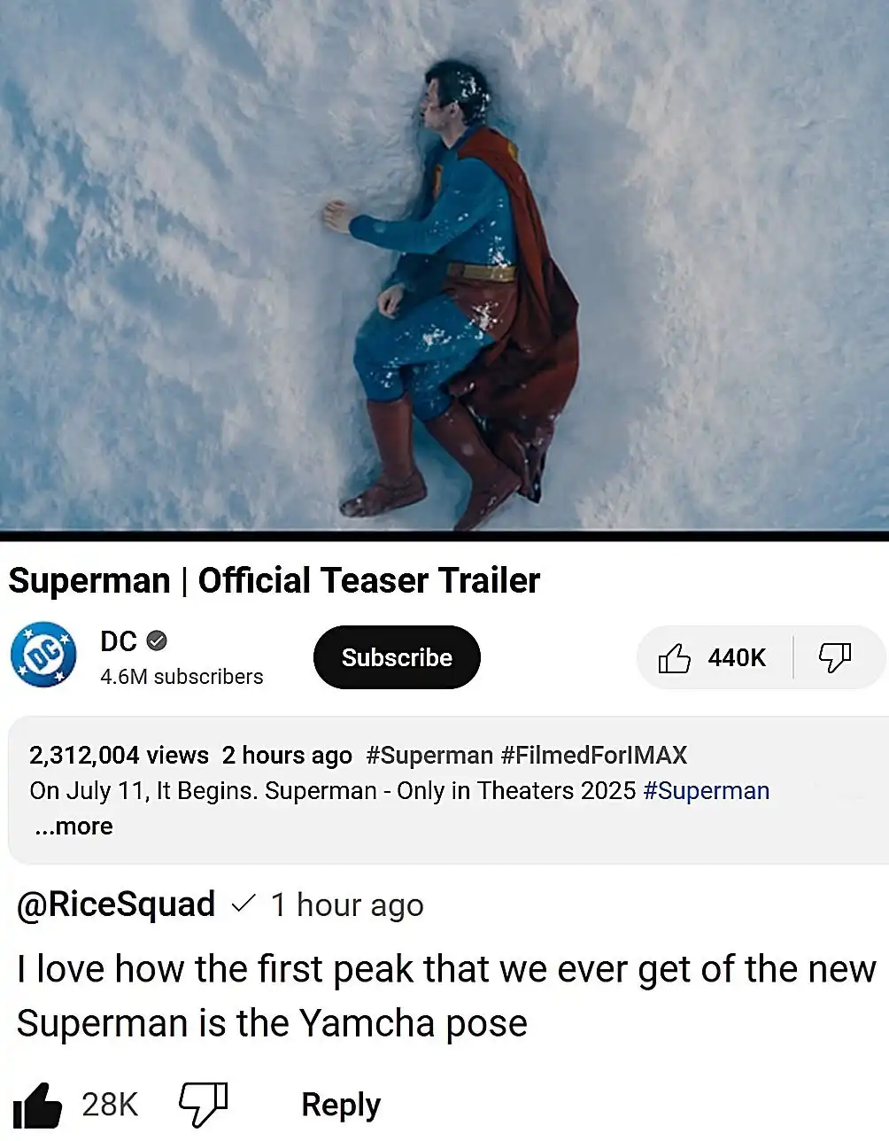 A screenshot of a YouTube video thumbnail showing Superman from a high angle, covered in snow and leaning against a snowy…