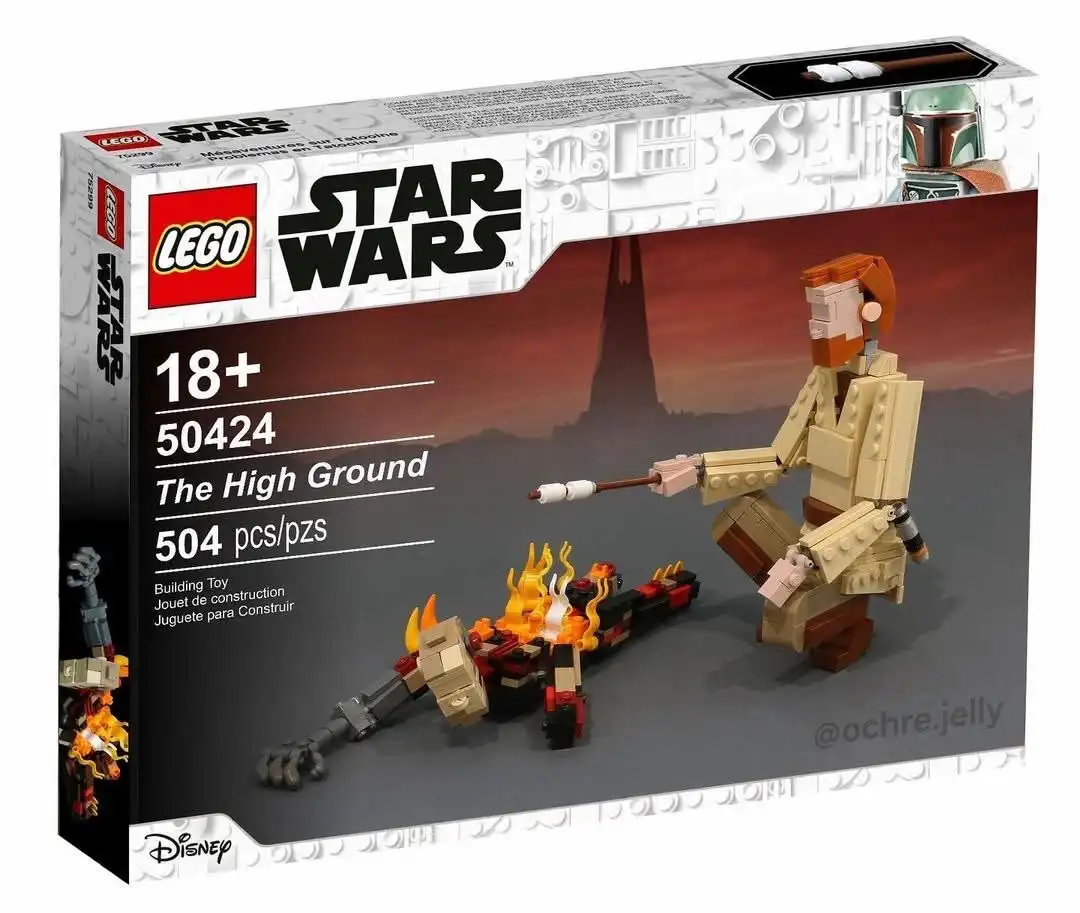 A LEGO Star Wars set box for 'The High Ground' (set 50424) shows a LEGO minifigure of Boba Fett kneeling and roasting a…