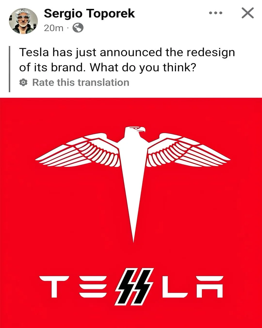 A mock-up of a 'Tesla brand redesign' shows a white eagle with spread wings on a red background, with the word 'TESLA' below…