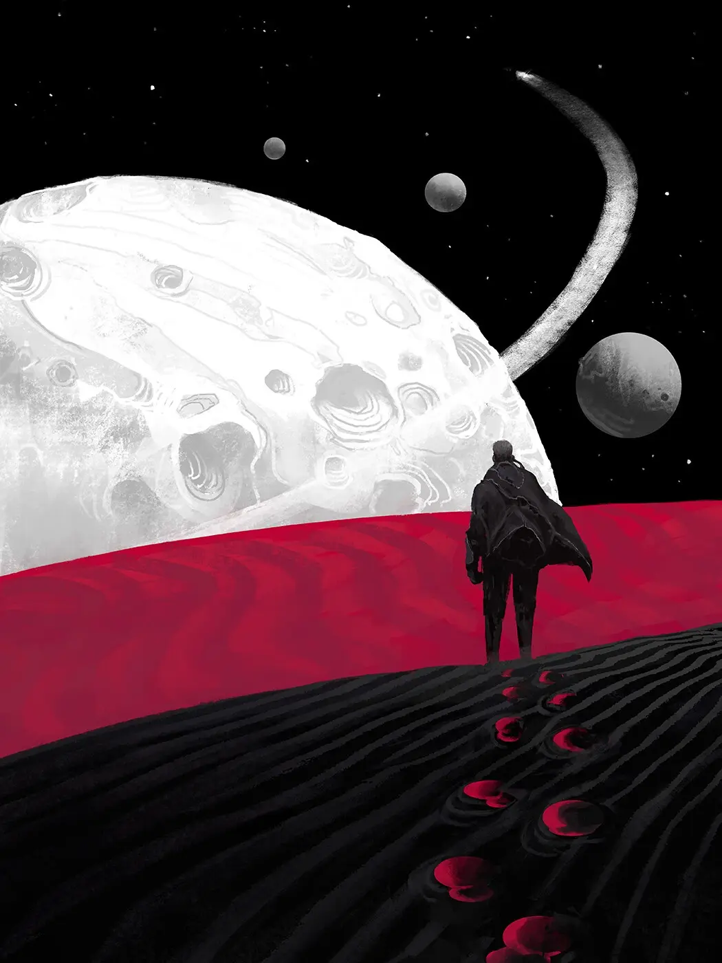 A lone figure in a dark cloak stands on a black, textured hill overlooking a vast red plain, gazing at a large, cratered…