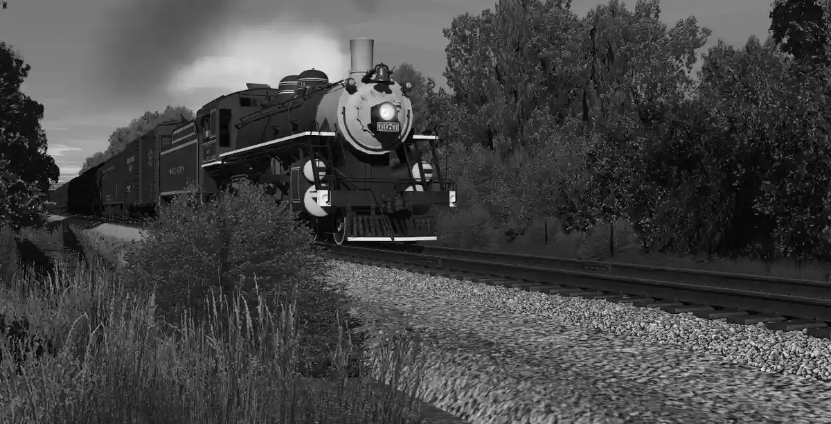 A black-and-white image of a steam locomotive, number 8970, pulling freight cars along a track through a wooded area. The…