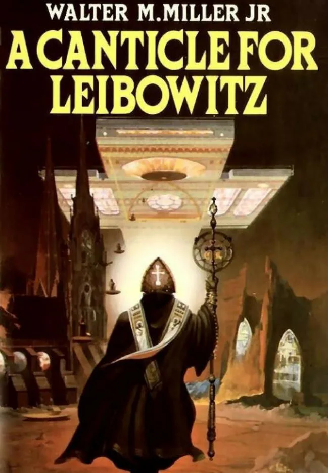 The image is the cover of the book 'A Canticle for Leibowitz' by Walter M. Miller Jr., depicting a robed figure in a dark…