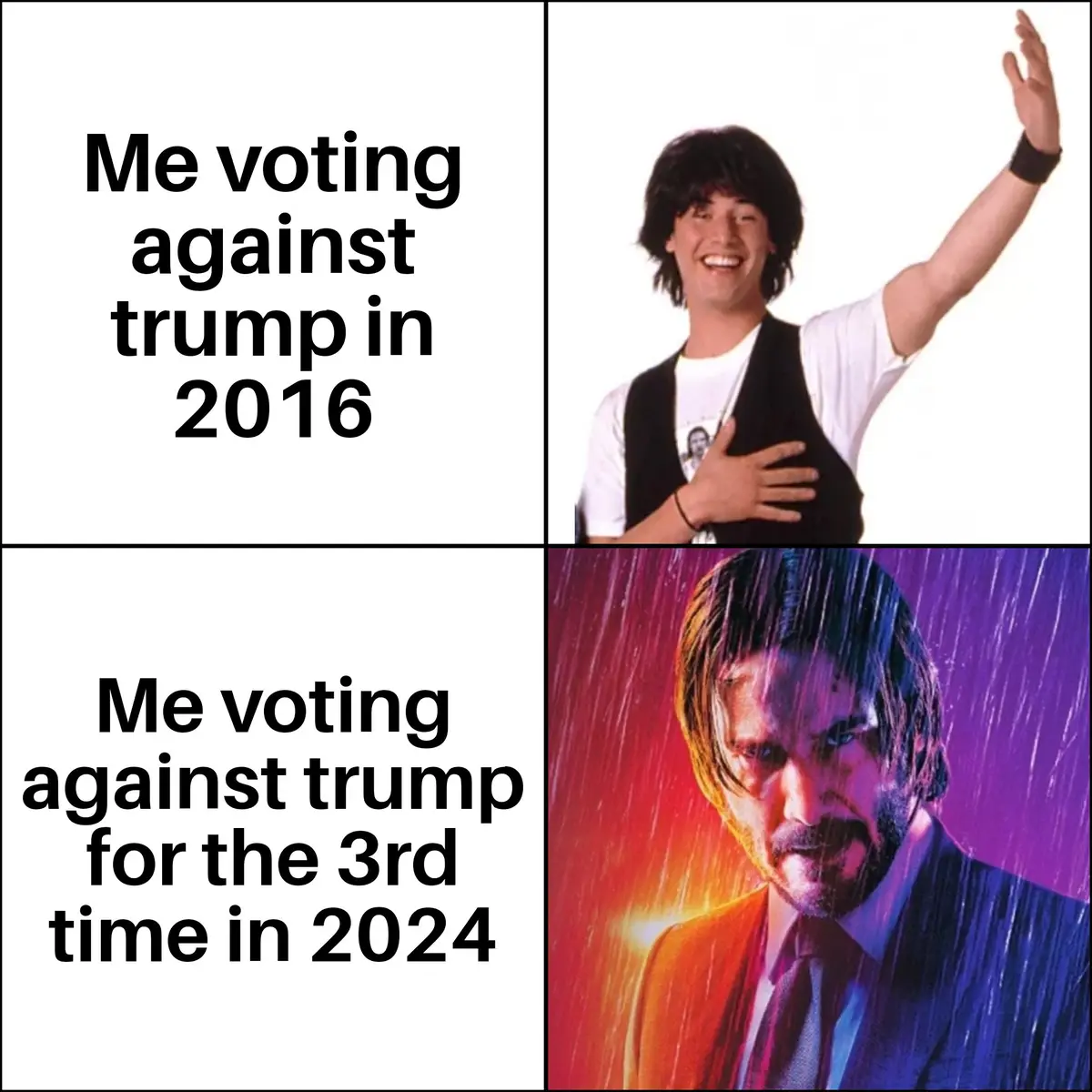 The meme is split into two panels. The top panel shows a smiling young man with dark hair, wearing a white t-shirt and black…