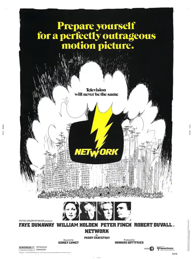This is the original 1976 movie poster for 'Network,' featuring a black-and-white illustration of a cityscape with a large…
