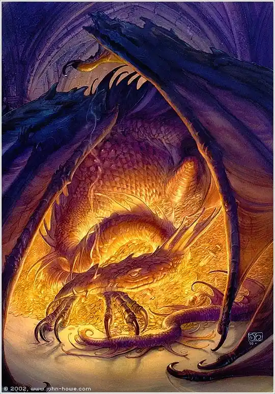 A majestic, golden-scaled dragon with purple wings is curled up and sleeping inside a cave, its body glowing warmly. The…