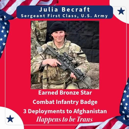 A red graphic with American flag elements frames a photo of Julia Becraft, a U.S. Army Sergeant First Class, smiling while…