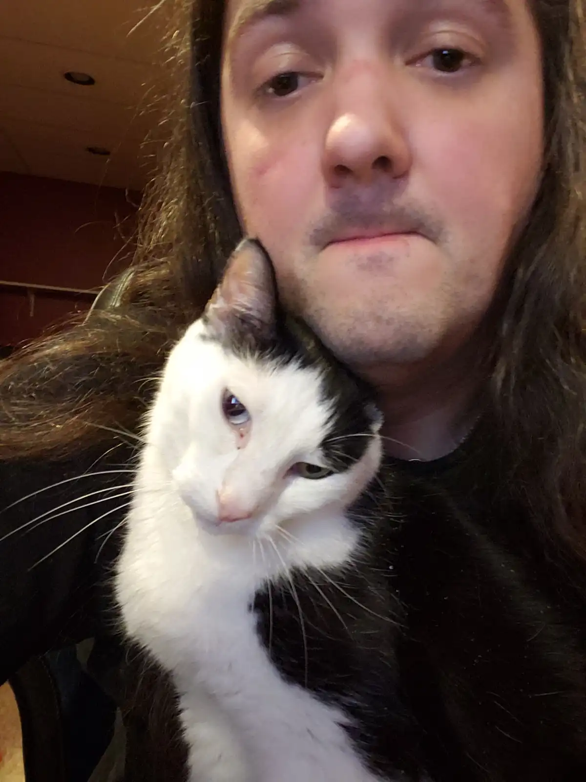 A person with long dark hair holds a black-and-white cat close to their face; the cat has one blue eye and one green eye and…