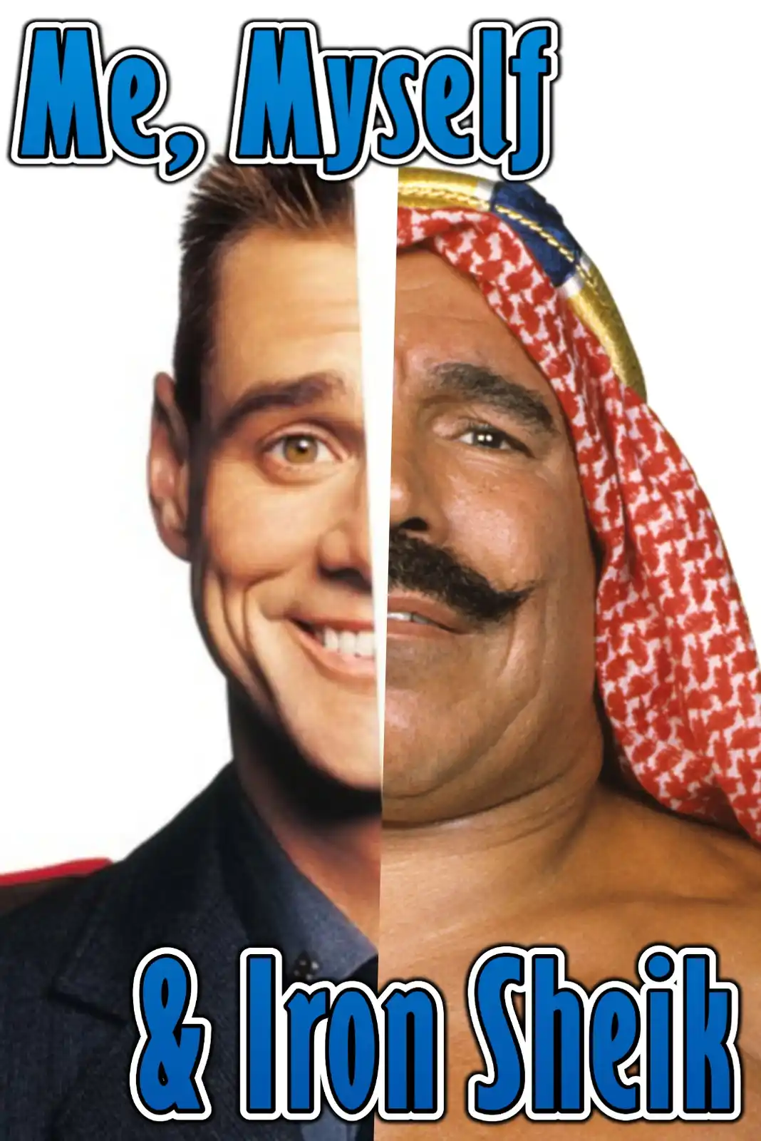 The image is split vertically, showing actor Jim Carrey on the left in a suit with a cheerful expression, and wrestler Iron…