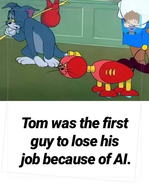 In a cartoon scene, Tom (a blue cat) is shown pulling a red robotic cat on wheels with a stick, while a boy in a blue shirt…