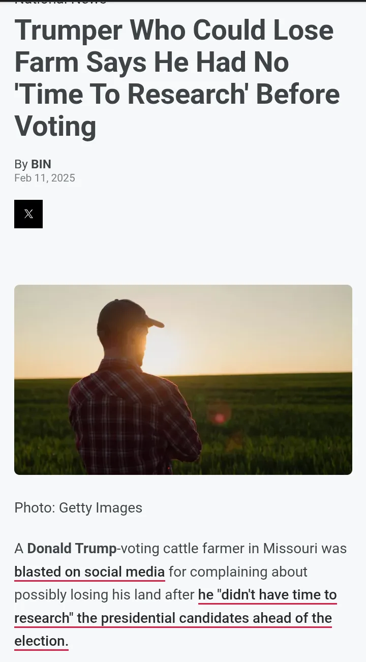 A screenshot of a news article with a headline about a Missouri farmer who voted for Donald Trump and claimed he had no time…