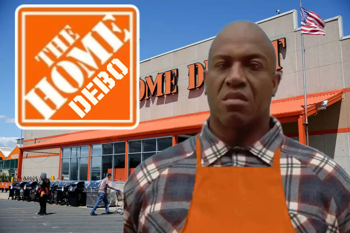 The image shows a man in an orange Home Depot apron over a plaid shirt, superimposed over a photo of a Home Depot store…