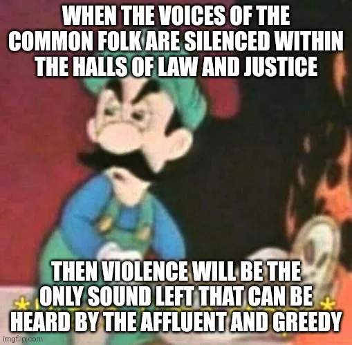 A blurry image of a cartoon character with a mustache and green hat, looking concerned, overlaid with bold white text. The…
