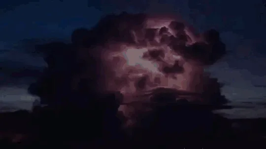 A six-panel image sequence shows a large, dark storm cloud glowing with an internal pinkish-purple light, then fading back…