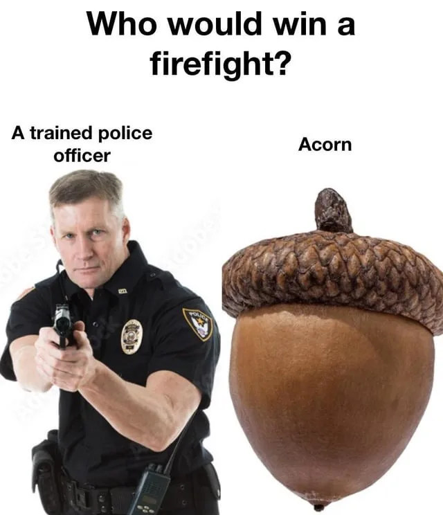 The image displays a police officer holding a handgun pointed forward, labeled 'A trained police officer,' positioned next…