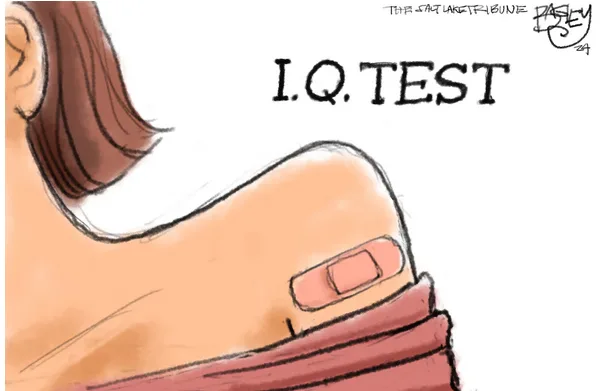 A cartoon drawing shows the back of a person's head and shoulder, with a band-aid stuck to the shoulder. The text 'I.Q…