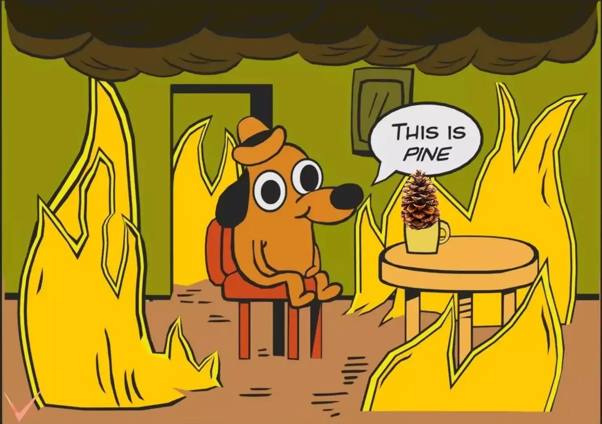 A cartoon dog wearing a hat sits calmly in a room engulfed in flames, smiling as it looks at a pinecone in a mug on a table…