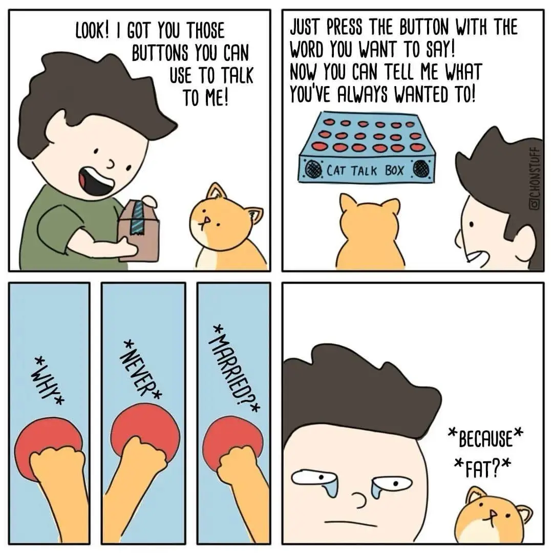 A four-panel comic shows a man giving a cat a 'Cat Talk Box' with buttons labeled with words. The cat presses buttons saying…