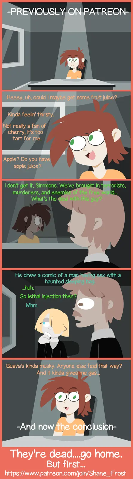 A comic strip titled 'Previously on Patreon' shows a character asking for fruit juice, leading to a series of increasingly…