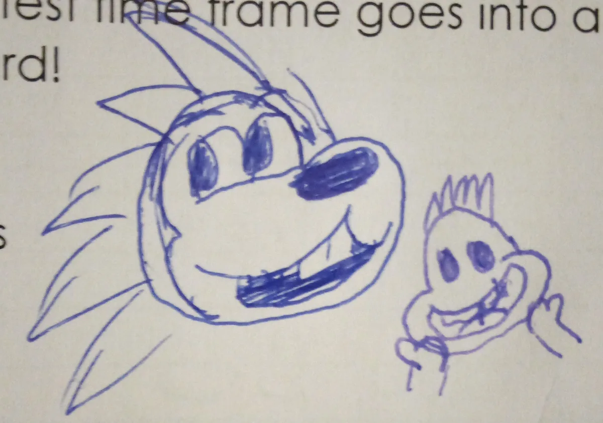 A blue ink drawing shows a large, smiling cartoon hedgehog with spiky quills and a smaller, grinning cartoon character with…