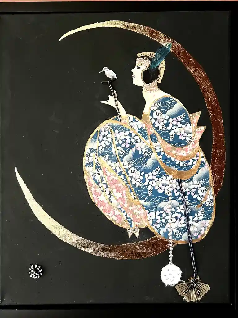 A framed artwork depicts a stylized, elegant woman in a blue floral kimono with gold trim, holding a long black staff topped…