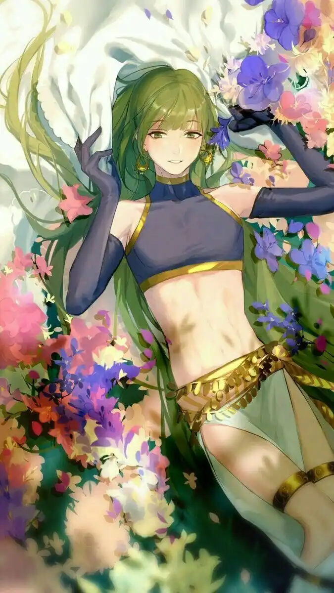 An anime-style illustration of a young woman with long green hair, wearing a blue crop top with gold trim, dark gloves, and…
