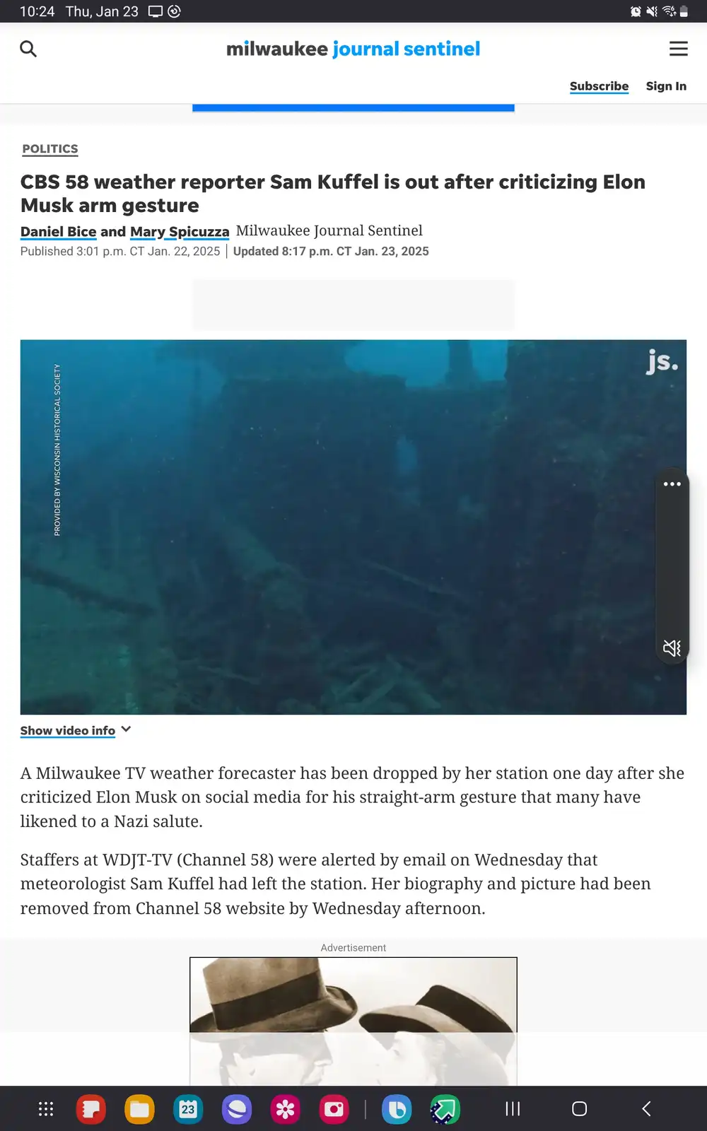 A screenshot of a Milwaukee Journal Sentinel article about weather reporter Sam Kuffel being fired after criticizing Elon…
