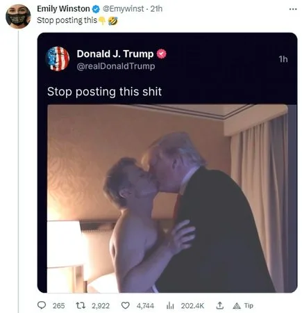 A screenshot of a tweet from Donald J. Trump's account showing a photo of him kissing a shirtless man. The tweet text reads…