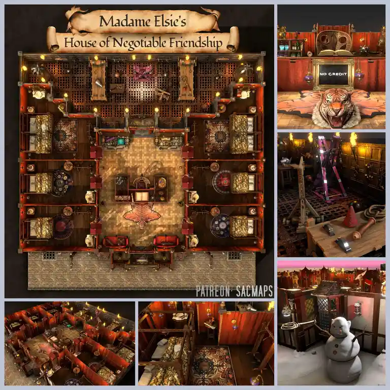 A collage of images from a fantasy-themed establishment called 'Madame Elsie's House of Negotiable Friendship,' showing an…