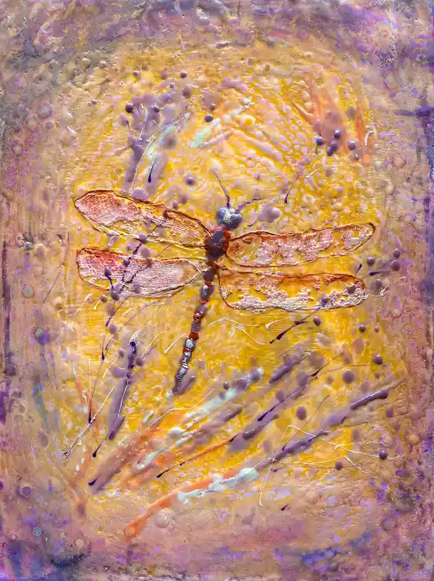 An abstract, textured painting features a stylized dragonfly with translucent wings and a segmented body, set against a…