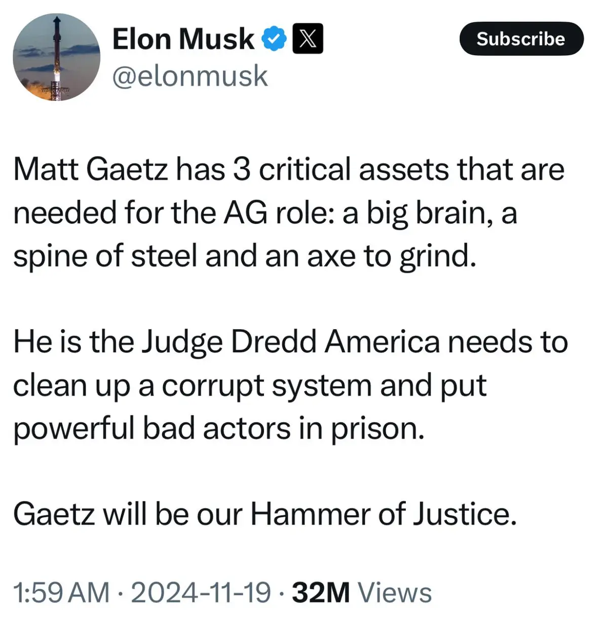 The image displays a screenshot of a tweet from Elon Musk's verified X account, featuring a rocket launch in the profile…