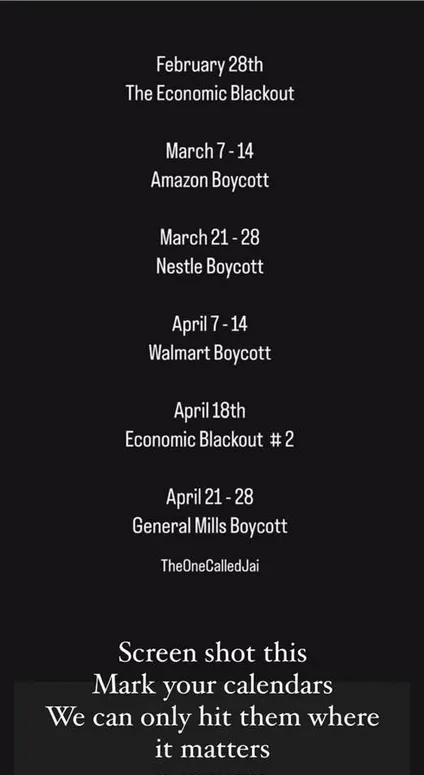 A black background displays a list of scheduled boycotts and economic blackouts against major corporations like Amazon…