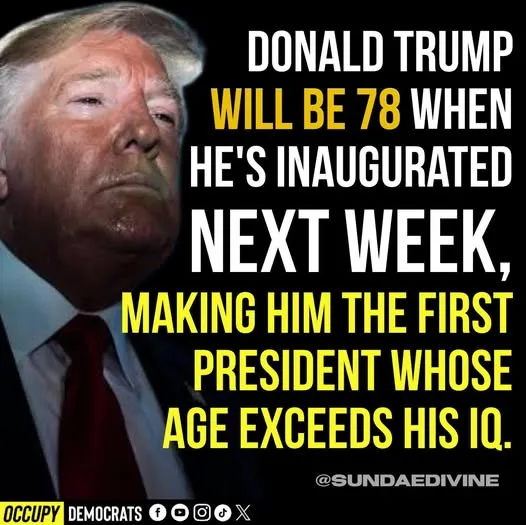A close-up image of Donald Trump with a serious expression, overlaid with bold white and yellow text stating he will be 78…