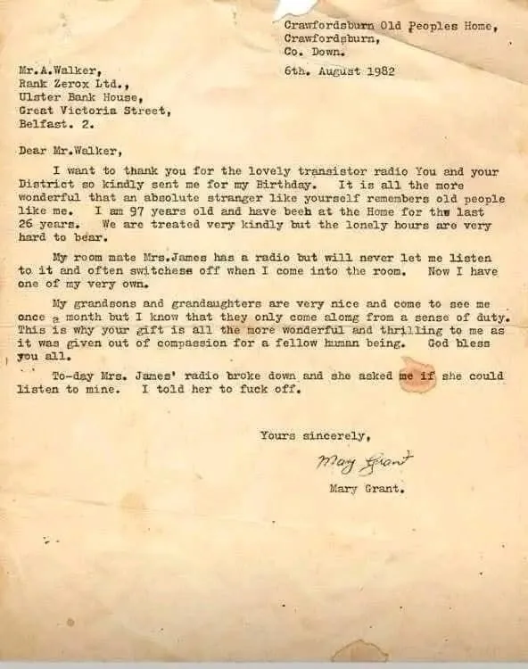 A yellowed, typed letter dated August 6, 1982, from Mary Grant, a 97-year-old resident of Crawfordburn Old Peoples Home, to…