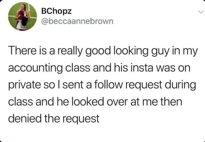 A screenshot of a tweet from user BChopz (@beccaannebrown) showing a text post about sending a follow request to a…