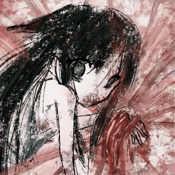 A stylized anime-style illustration of a young woman with dark hair and large eyes, looking downward with a sorrowful…
