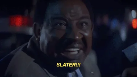 A six-panel meme strip showing actor Samuel L. Jackson in a car at night, progressively yelling "SLATER!!!" with increasing…