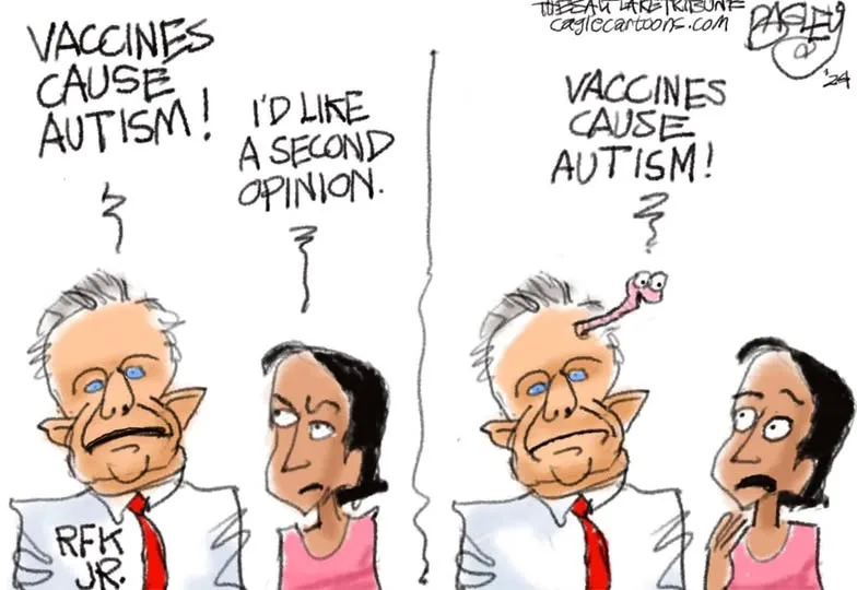 A two-panel cartoon shows RFK Jr. and a woman. In the first panel, RFK Jr. shouts 'VACCINES CAUSE AUTISM!' while the woman…