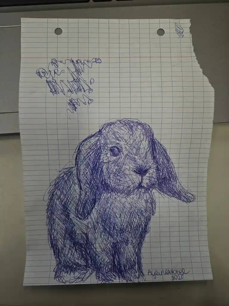 A hand-drawn sketch of a rabbit on blue-lined notebook paper, rendered with dense blue ink scribbles to create fur texture…