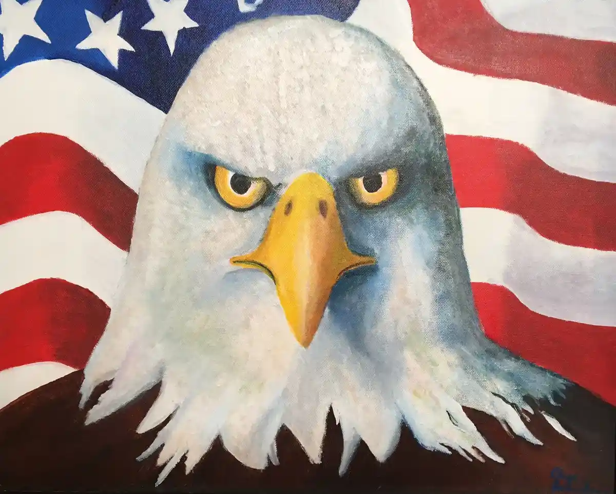 A painting of a bald eagle with a stern, angry expression, set against a waving American flag background. The eagle's yellow…