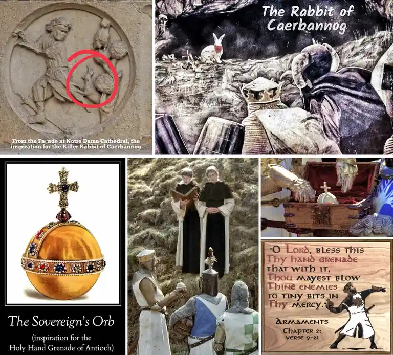 A collage comparing real-world medieval artifacts and scenes to fictional items from Monty Python's Holy Grail. It shows a…