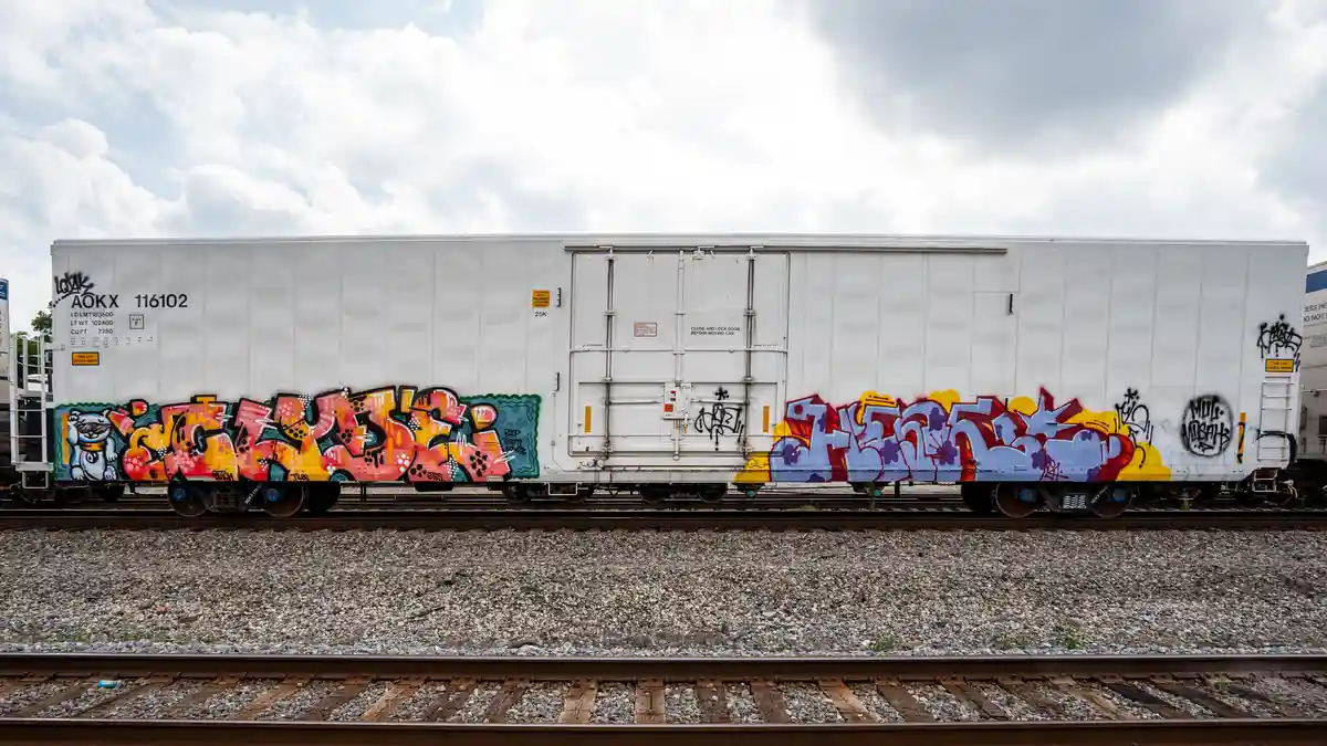 A white freight train car sits on tracks under a cloudy sky, covered in colorful graffiti on its lower half. The overlaid…