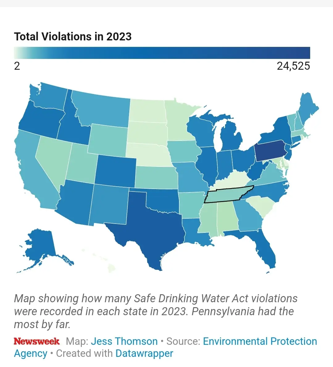 A color-coded map of the United States showing 'Total Violations in 2023' for Safe Drinking Water Act violations, with…