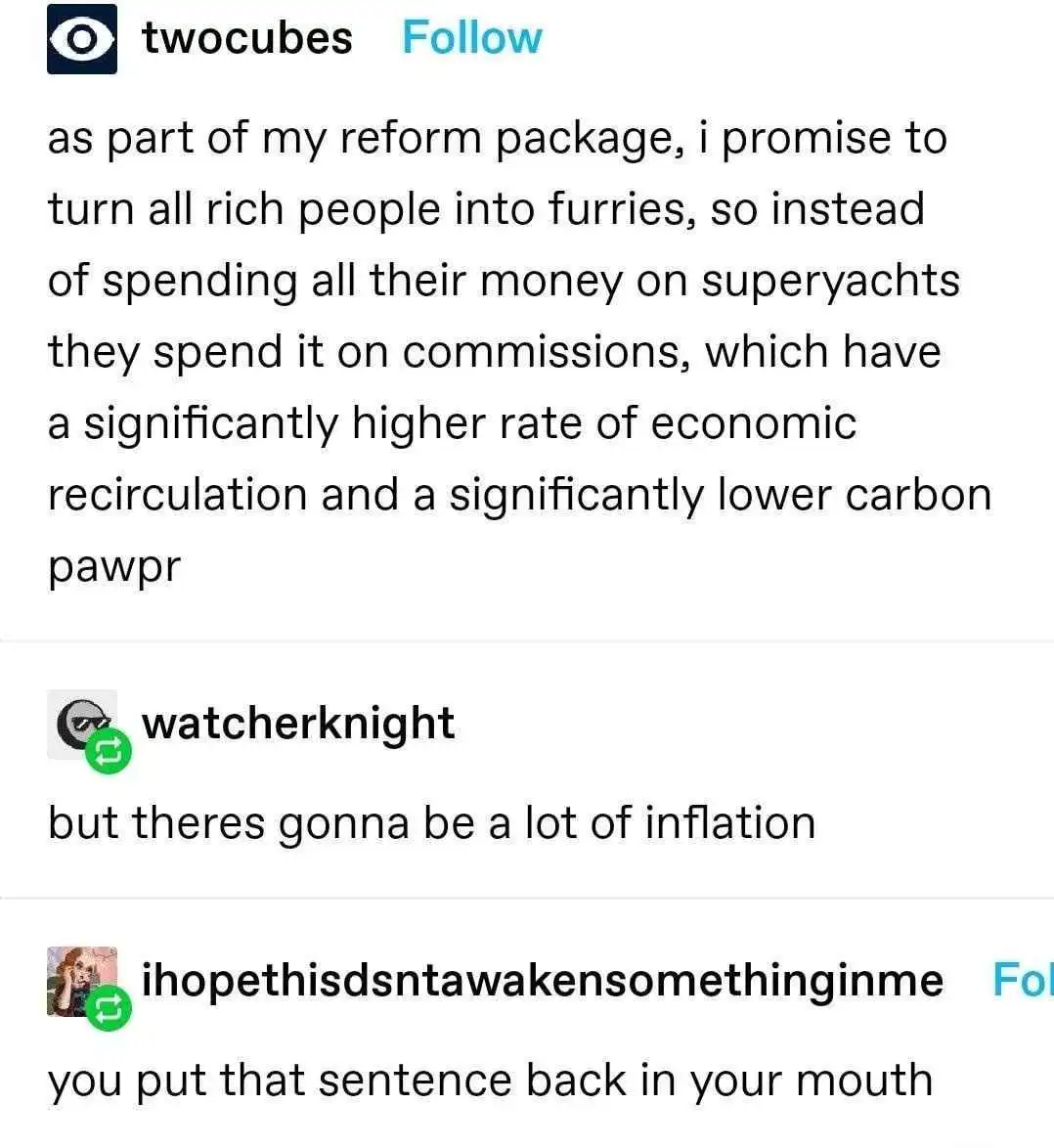 A screenshot of a Reddit thread where a user proposes turning rich people into furries to make them spend money on…
