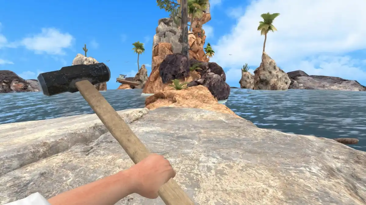 A first-person view from a video game shows a hand gripping a sledgehammer, poised to strike a rocky island surrounded by…